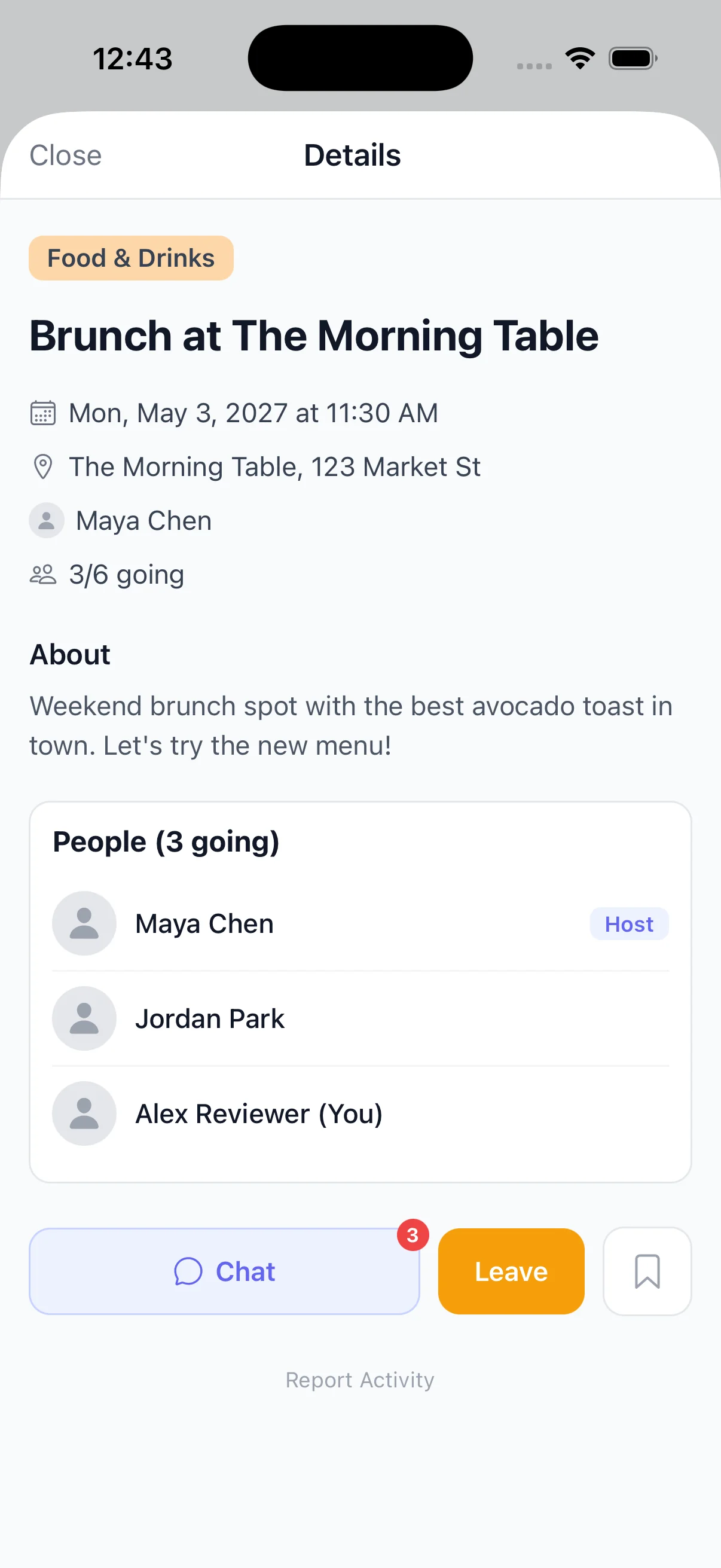 Covee activity detail with participants and chat