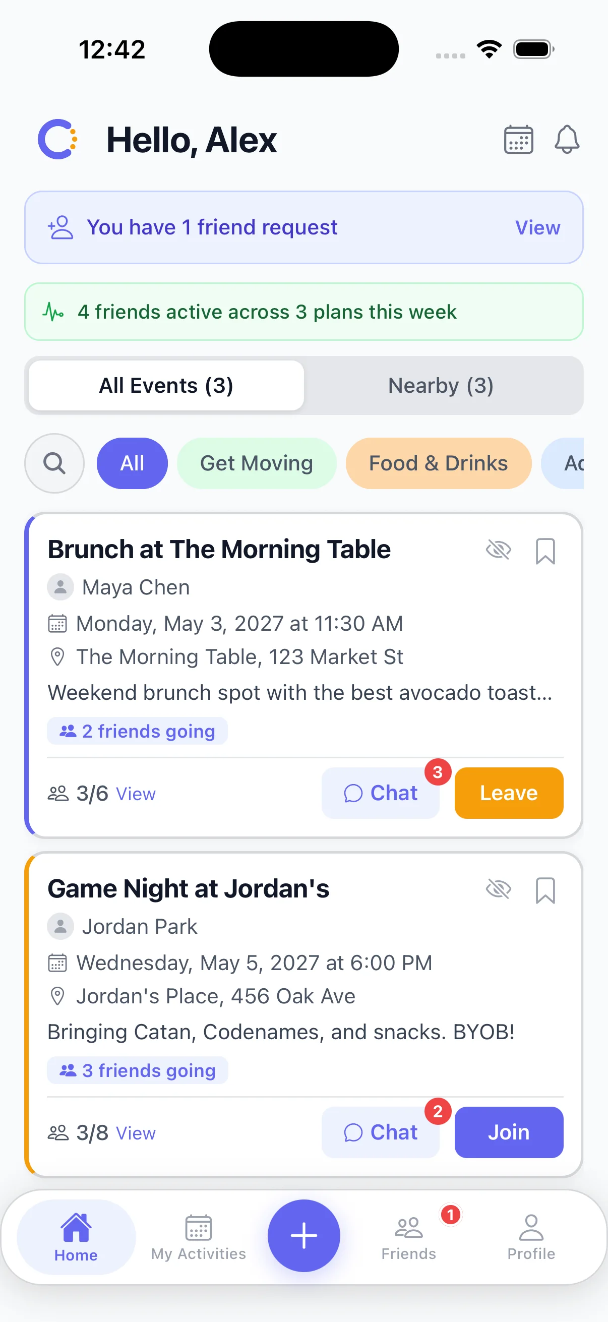 Covee home feed showing activity cards